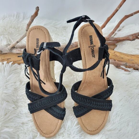 Minnetonka black suede espadrilles wedges - Picture 5 of 9